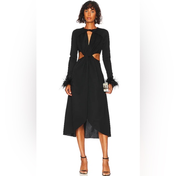 New NWOT Tolani Midi Dress in BlackYAURA ostrich feather boa cutout REVOLVE